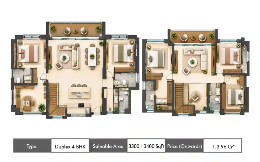 The Earthscape by Bricks and Milestones 4 BHK Duplex floor plan, 3300 sq ft carpet area